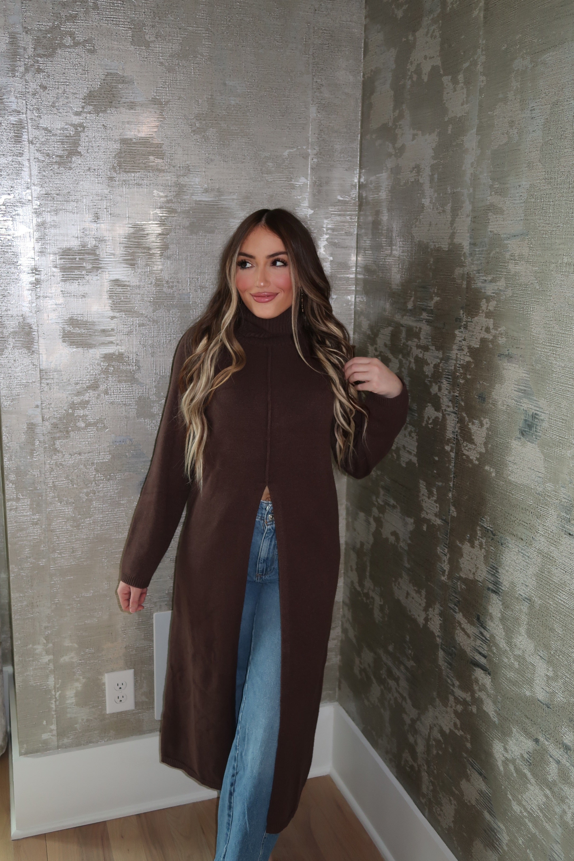 Tommie Turtleneck Tunic Sweater Dress- Brown Small Tommie Turtleneck Tunic Sweater Dress- Brown Small