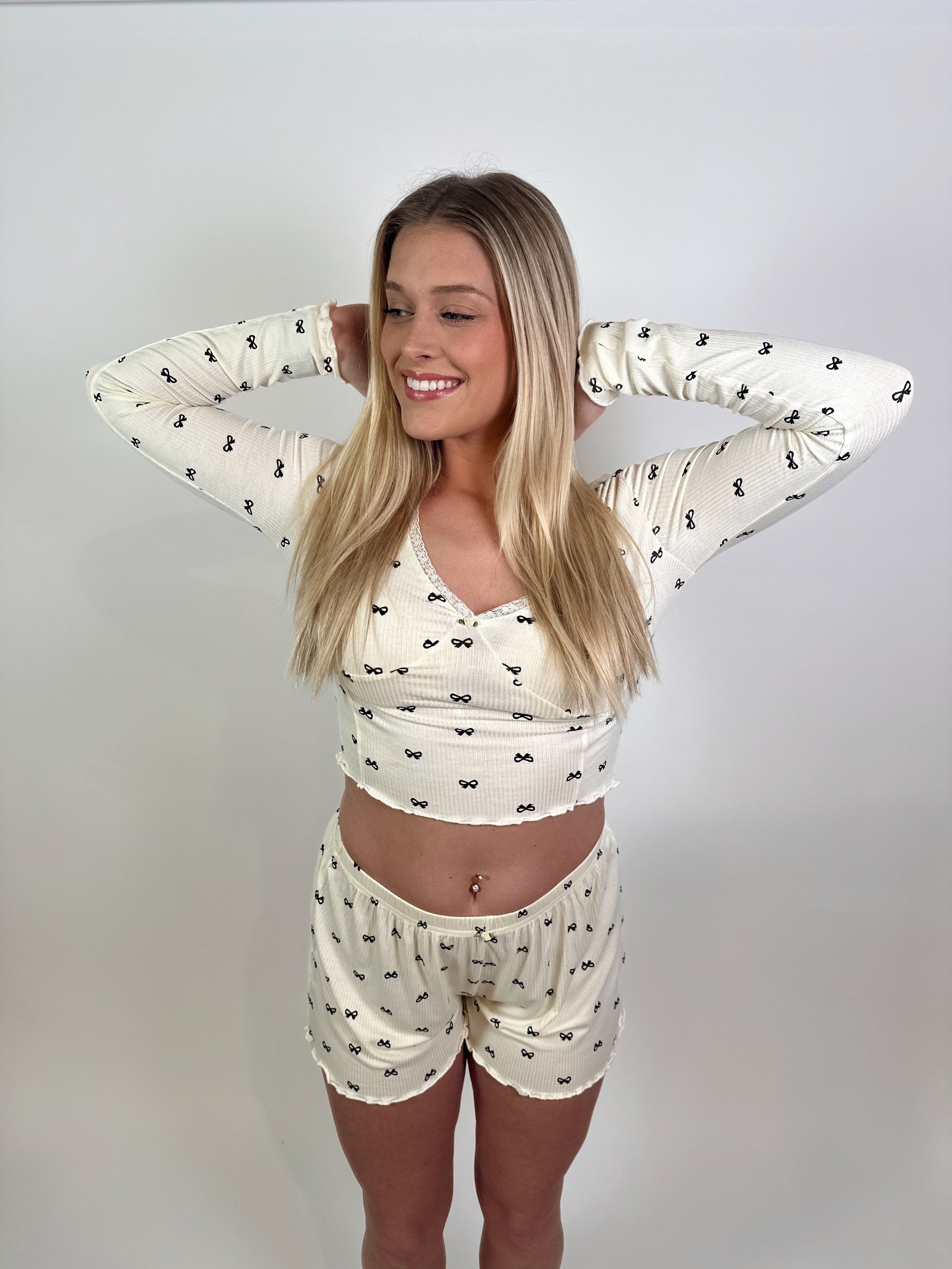 Bow Print Pajama Set- Ivory