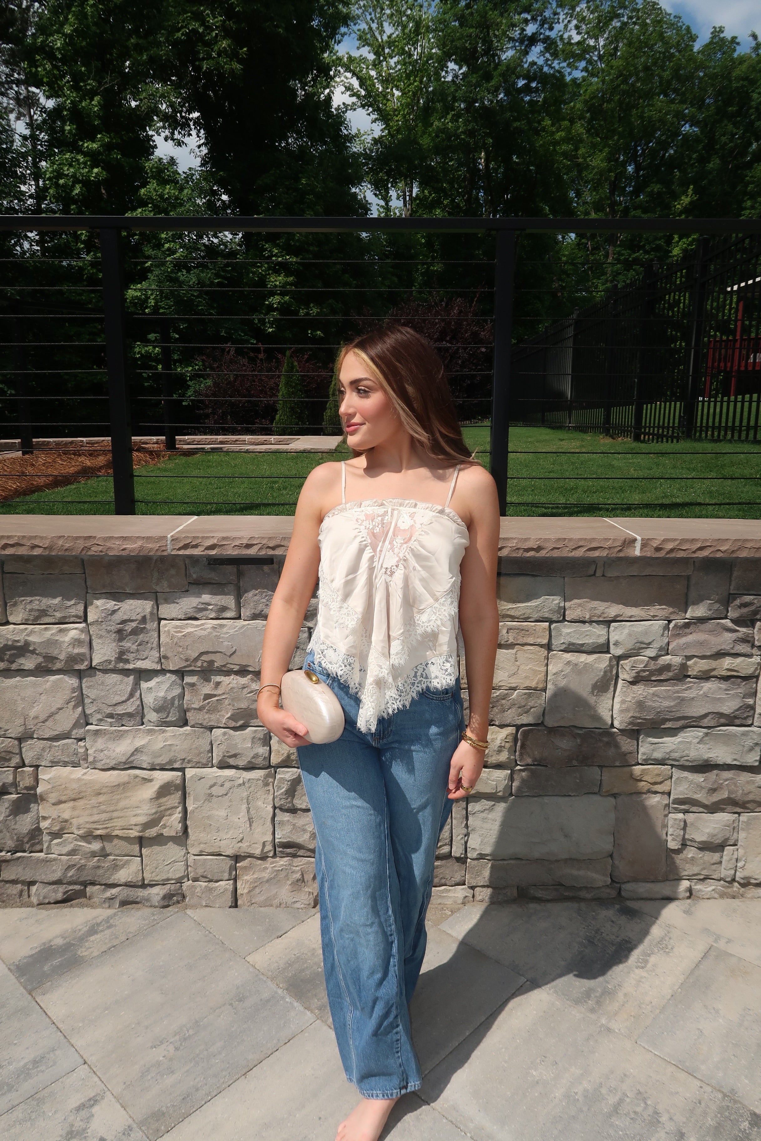 Sabrina Silk and Lace Ruffle Tank Top- Cream