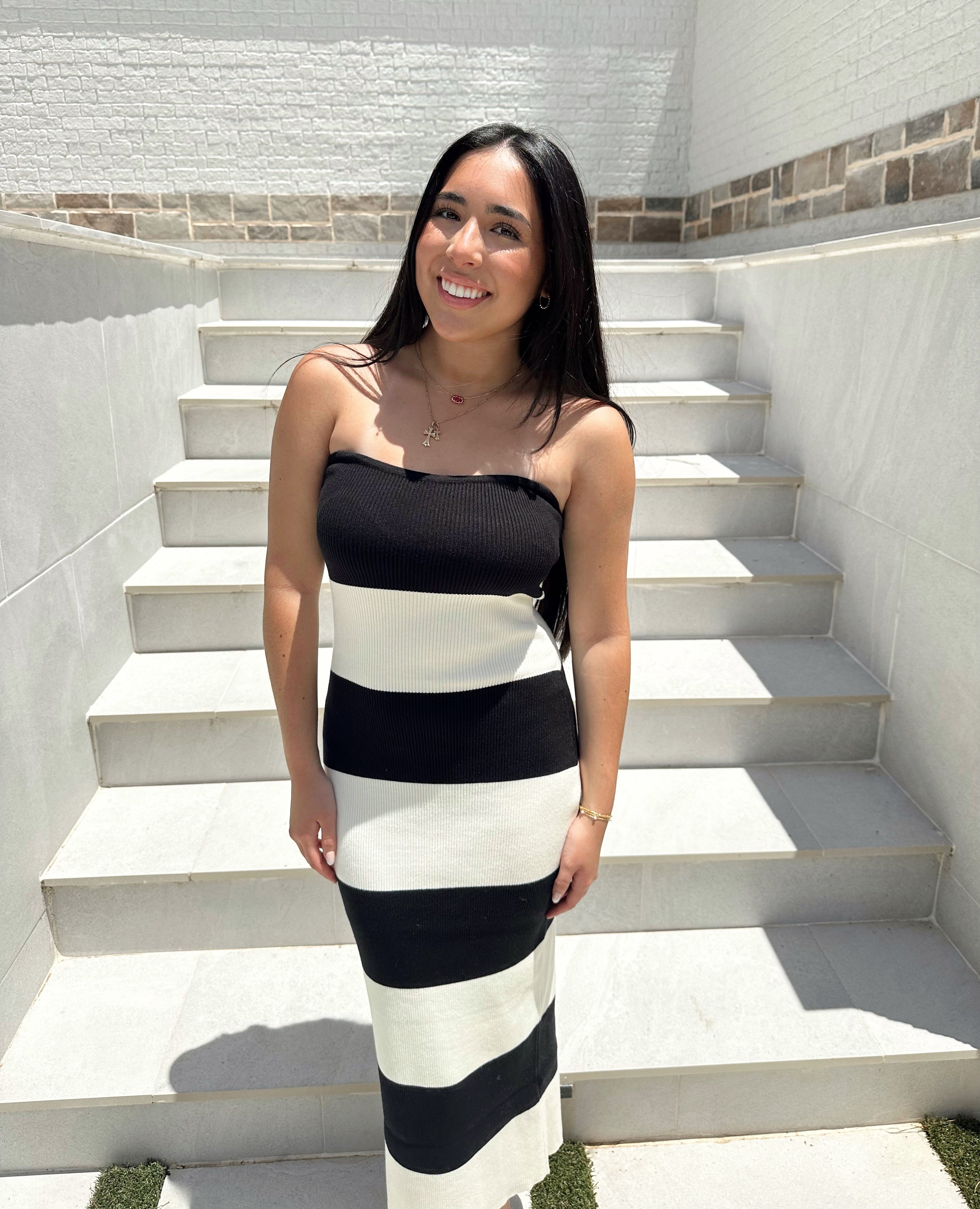 Heather Striped Tube Midi Dress - XS / Black/White Heather Striped Tube Midi Dress - XS / Black/White