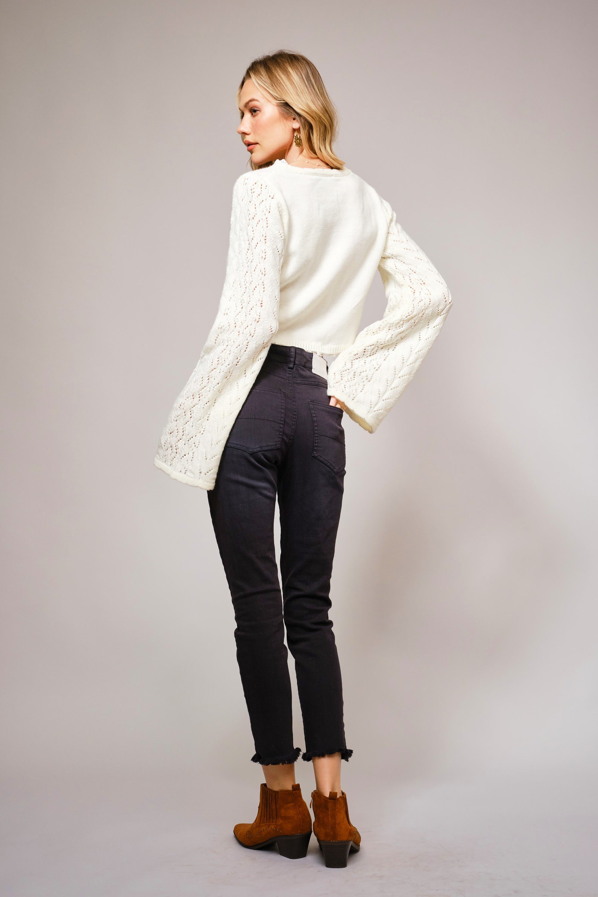 Alice Open Knit Tie Front Shrug- Ivory